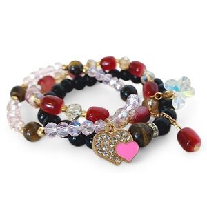 Chic Beaded Charm Bracelet Set Hearts Crystal Love Pink Brown Butterfly Sparkle